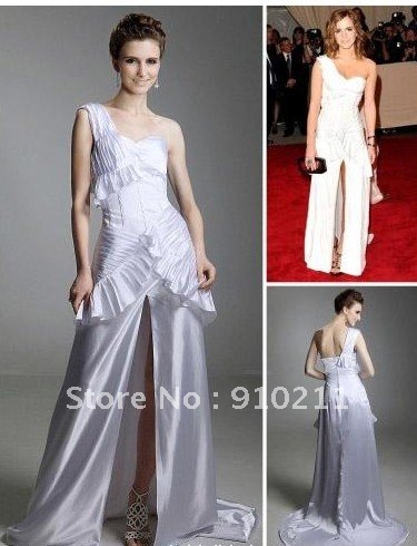 2012 Styles Emma Watson A-line One Shoulder Sweep/ Brush Train Sleeveless Elastic satin Met Ball/ Evening Dress
