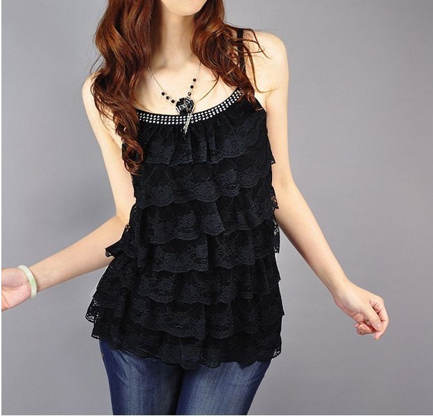 2012 summer all-match diamond-studded lace spaghetti strap layers of cake small vest knitted spaghetti strap top t--1