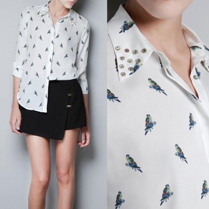 2012 summer autumn fashion women's slim casual parrot print rivet diamond down collar long-sleeve chiffon shirts free shipping