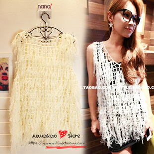 2012 summer autumn women's elegant white sleeveless yarn tassel loose sweater vest female