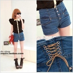 2012 summer back lacing buttons high waist denim shorts k925