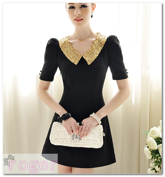 2012 summer black gold paillette turn-down collar bubble short-sleeve dress