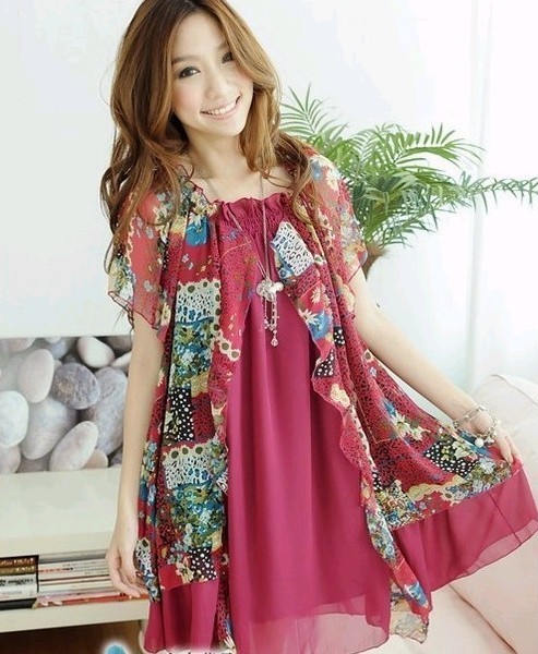 2012 summer bohemia faux two piece loose chiffon skirt cute one-piece dress plus size mm