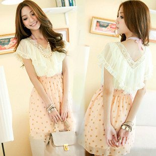 2012 Summer chiffon skirt ,ladies temperament dot V-Neck Fashion Lace Chiffon Dress,Free Shipping