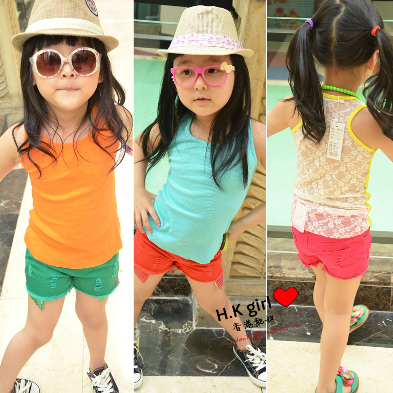 2012 summer children's clothing female child spaghetti strap child vest behind lace cutout short-sleeve T-shirt 19.9
