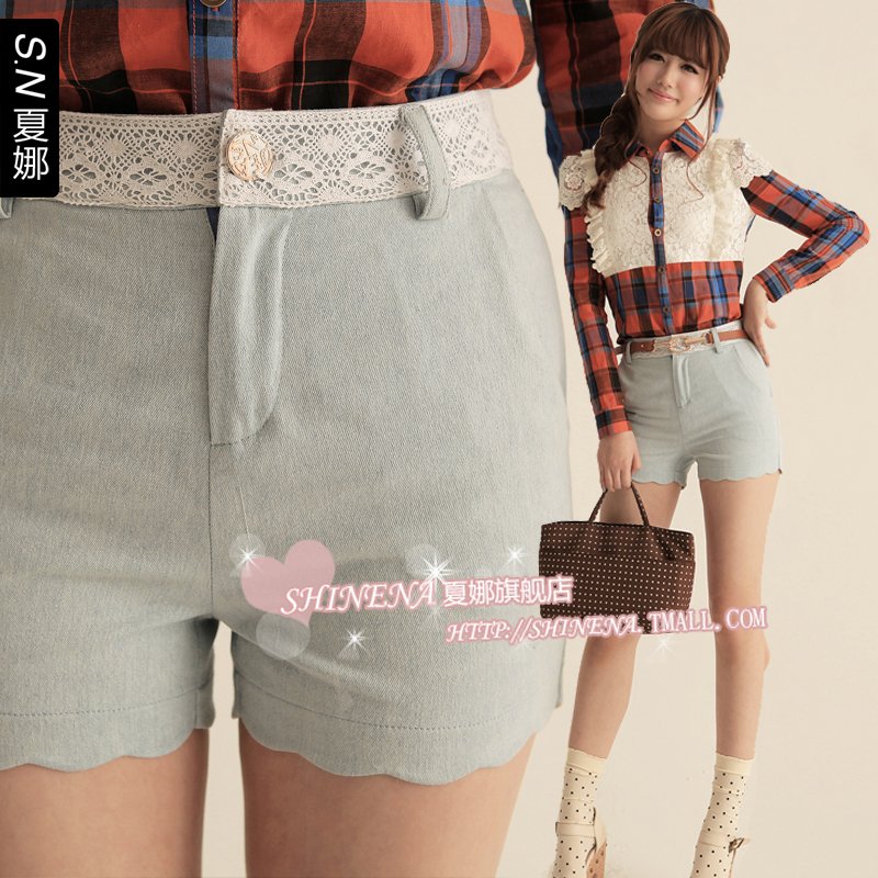 2012 summer cute wave sweep single-shorts slim lace denim shorts 5160