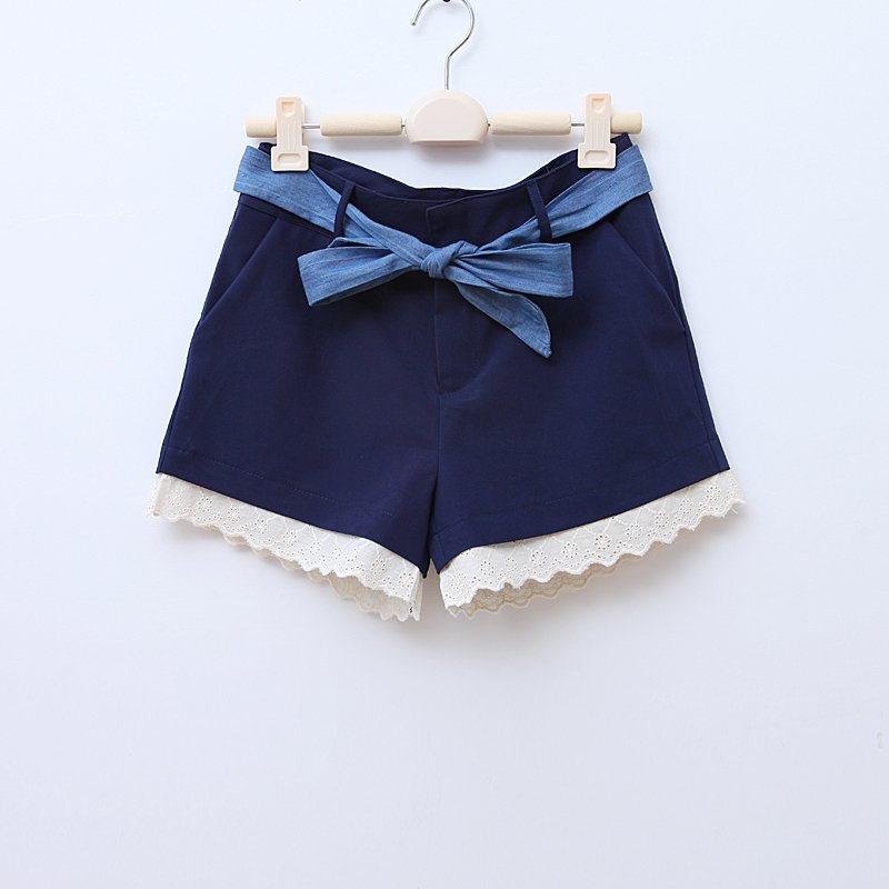 2012 summer cutout laciness patchwork high waist solid color straight shorts with belt wd736