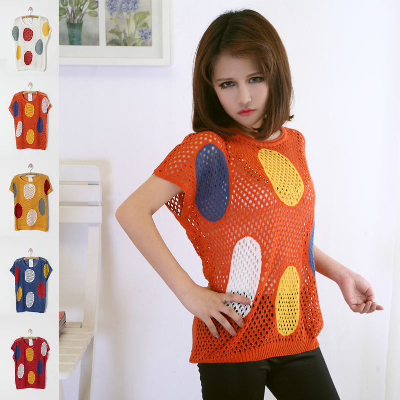 2012 summer cutout sweater air conditioning shirt female polka dot batwing shirt short-sleeve shirt basic 937