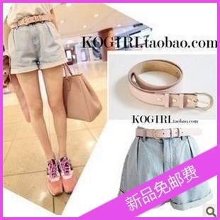 2012 summer denim shorts female loose roll up hem light color pleated mid waist shorts strap
