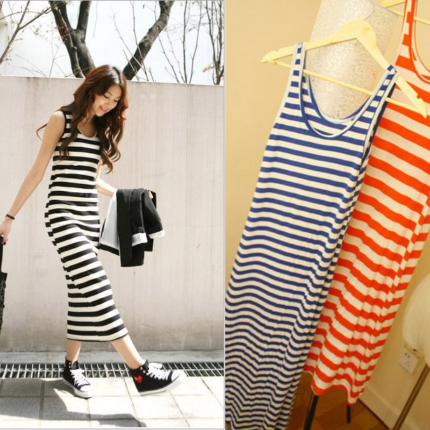 2012 summer dress fashion multicolour stripe zebra print double-shoulder ultra long tank dress one-piece dress