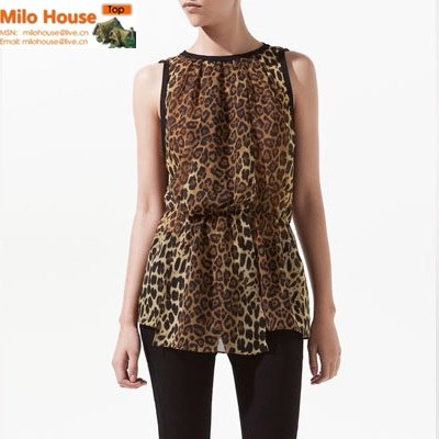 2012 summer elegant fashion Black chiffon leopard print blouse sleeveless slim waist leopard print chiffon shirt