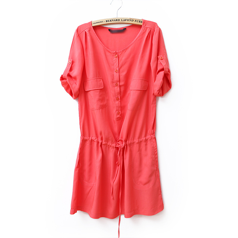 2012 summer elegant o-neck half sleeve drawstring lacing loose comfortable solid color one-piece dress wc1126