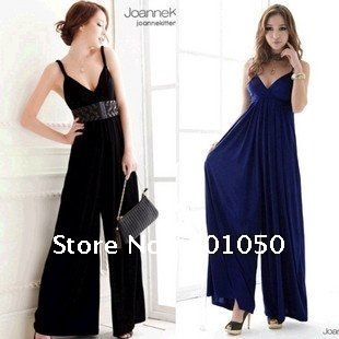 2012 summer Euramerican elastic V-neck jumpsuit black/blue one size 1pcs