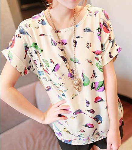 2012 Summer Europe Style Printing Blouses Chiffon Birds Design O-neck Short Sleeve Printing Pullover