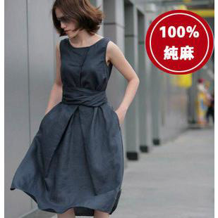2012 summer fashion linen one-piece dress ramle vest sleeveless  long design dress boat neck Midi dresses