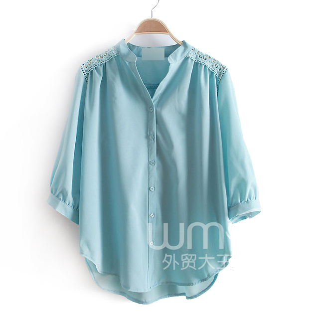 2012 summer fashion patchwork lace three quarter sleeve single breasted loose female shirt wc1274