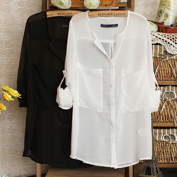 2012 summer fashion solid color transparent double pocket sun protection clothing chiffon shirt perspectivity shirt women's