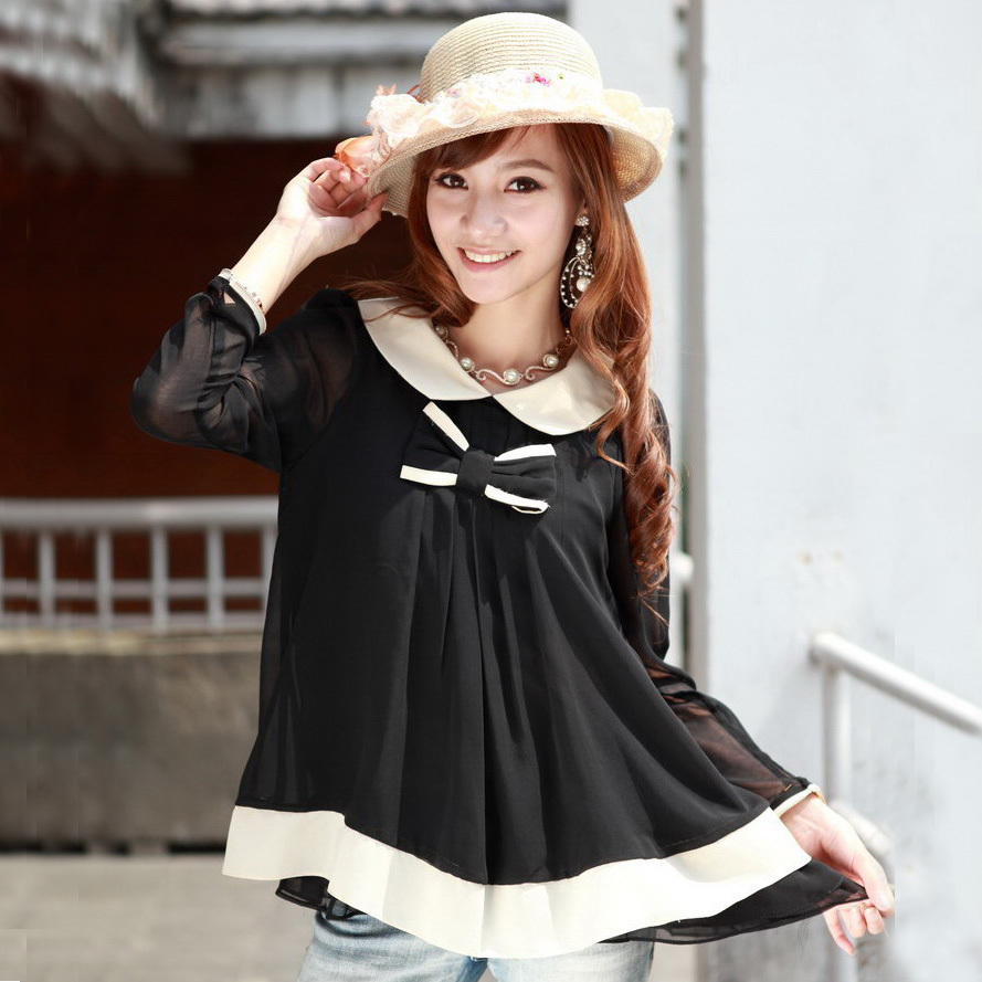 2012 summer fashion vintage patchwork color block peter pan collar bow chiffon shirt women's long-sleeve shirt