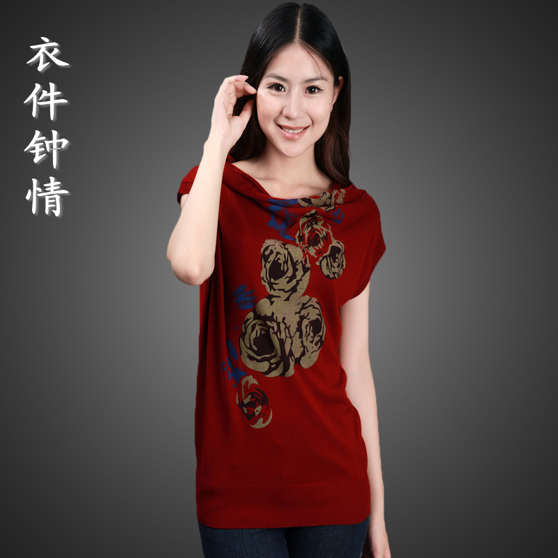 2012 summer female sleeveless flower sweater slit neckline batwing sleeve loose basic sweater thin outerwear