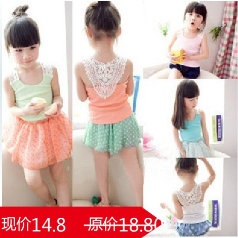 2012 summer girls clothing behind cutout lace rib knitting sleeveless T-shirt candy princess vest 5