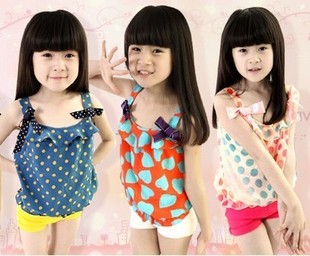 2012 summer girls clothing bow spaghetti strap top T-shirt baby sleeveless vest