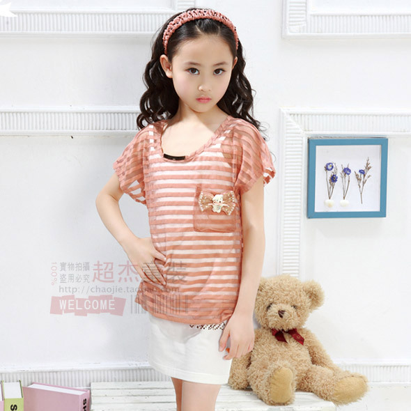 2012 summer girls clothing child stripe faux two piece set T-shirt short-sleeve dress female child spaghetti strap top