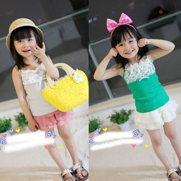 2012 summer girls clothing classic lace pearl child spaghetti strap vest 120213