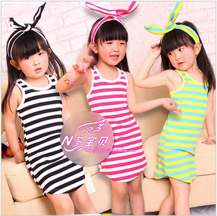 2012 summer girls clothing - fresh all-match stripe one-piece dress tank skirt slim hip skirt hair bands