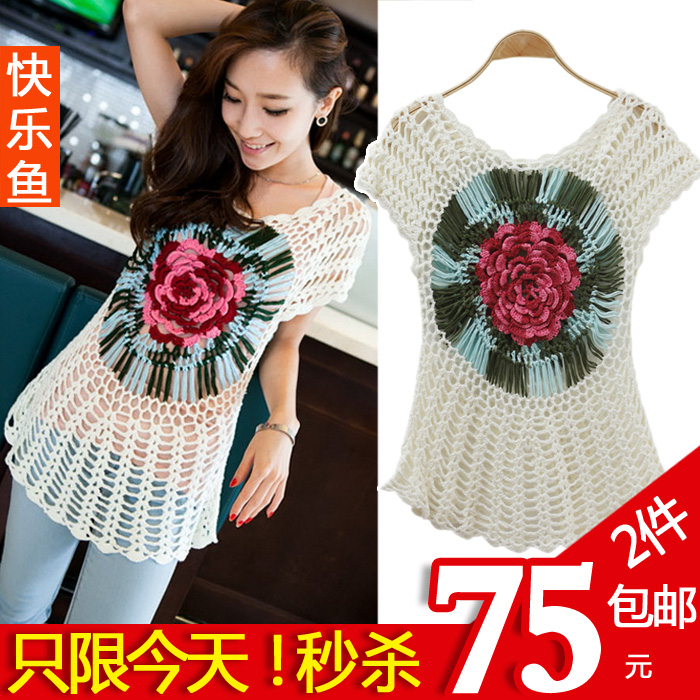 2012 summer hot-selling flower color block decoration cutout shirt sweater lace top slim crochet sweater 75