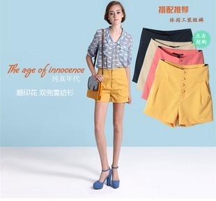 2012 summer lily high waist solid color chiffon shorts overalls shorts female