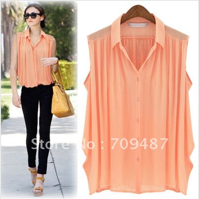 2012 summer new arrival fashion plus size clothing loose all-match pleated turn-down collar sleeveless shirt