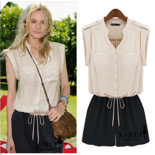 2012 summer new arrival one piece shorts fashion color block decoration jumpsuit culottes 2 6 full