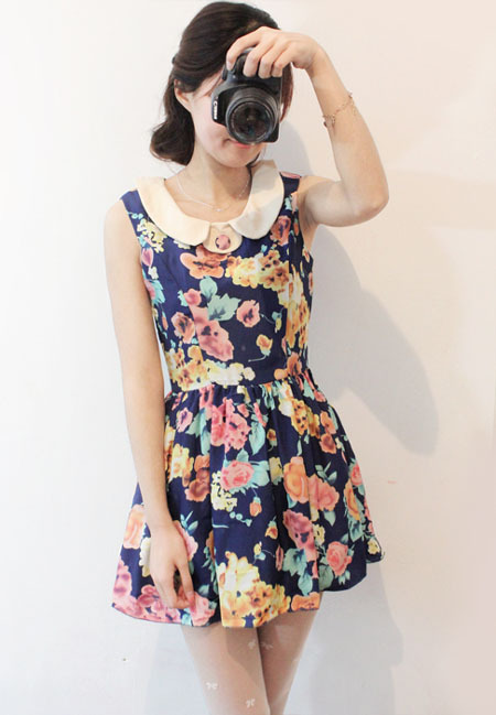 2012 summer new arrival vintage oil painting big flower bud patchwork peter pan collar high waist sleeveless one-piece dress