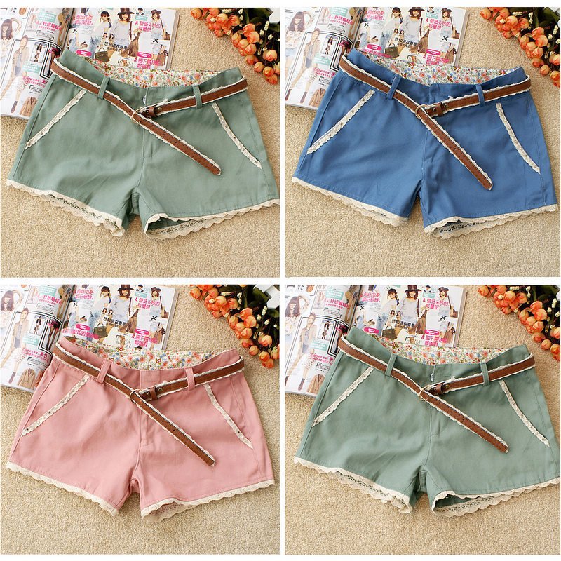 2012 summer new arrival women's low-waist lace decoration multi-colored short trousers with belt