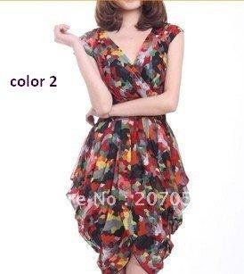 2012 summer new Chiffon Dress v neckline  high waist plu-sisze slim figure dress L XL  XLl 3XL 4XL