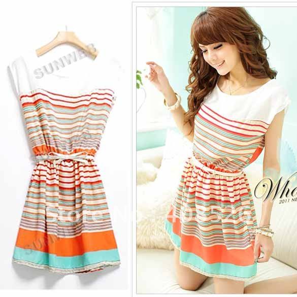 2012 summer New Colorful Stripes Chiffon Dress Free Bowknot Belt Women's Dresses free shipping 2691