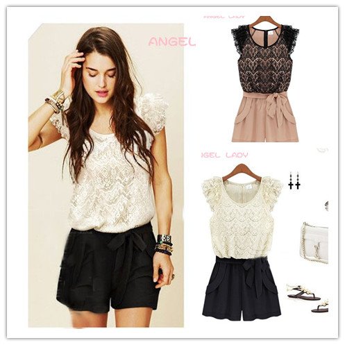 2012 summer new dress pants European and American fashion the zipper round neck skirt lace stitching Jumpsuit