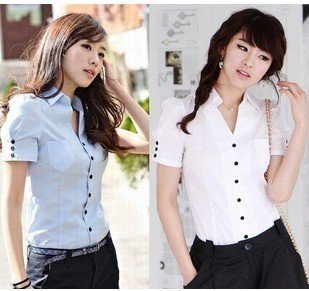 2012 summer new OL business wear cotton Korean Slim V-neck T-shirt Women's Puff Sleeve shrug short sleeve shirt Free shipping