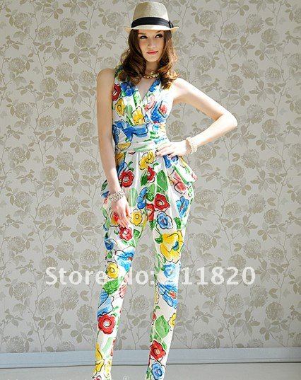 2012 summer new temperament fold vest waist Harlan, women Siamese trousers (navy blue suit, white)