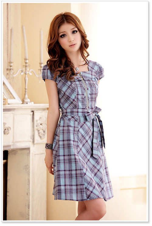 2012 Summer New Women fashion Sweet vintage Plaid short sleeve A-Line casual dress C3205 Holiday Sale