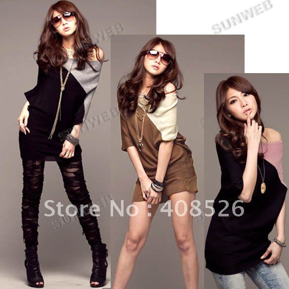 2012 summer New Women's Batwings Blouses Shirts Sleeve Hip-wrapped Spliced Loose T-shirt Mini Dress 3 colors free shipping 3672