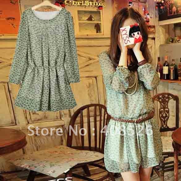 2012 summer New Women's Chic Crew Neck Chiffon Dress Tunic Green without belt free shipping 2834