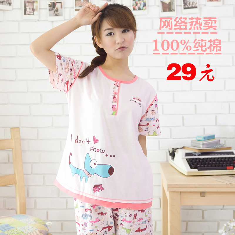 2012 summer sleepwear women's short-sleeve sleepwear set cartoon knitted cotton summer lounge