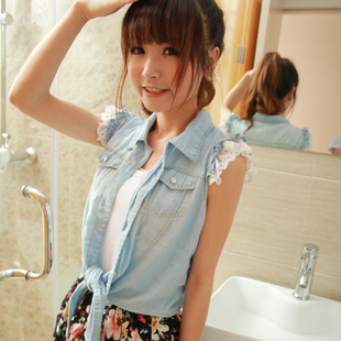 2012 summer small fresh japanese style sweet lace sleeveless tieclasps denim shirt small lap female