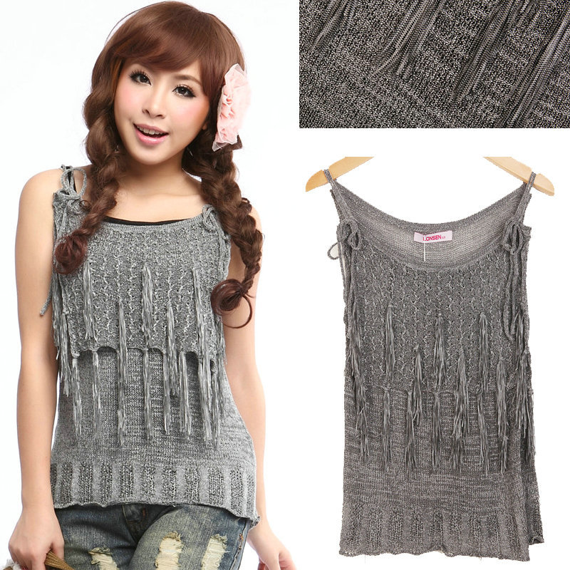 2012 summer spaghetti strap vest thin slim basic shirt sweater women's tassel cutout