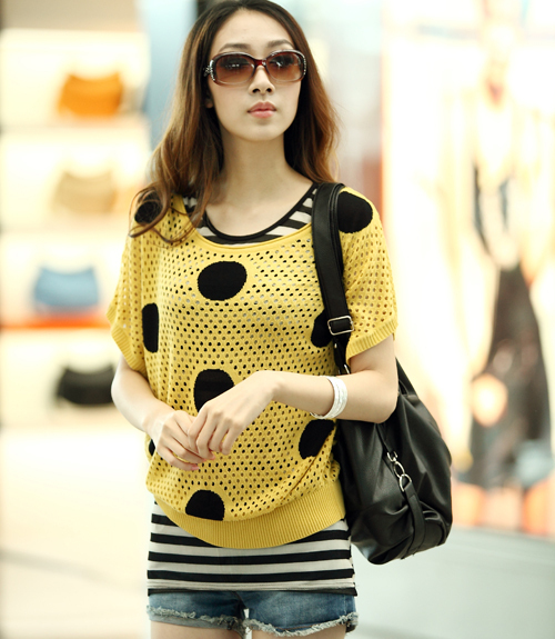 2012 summer sweater plus size short-sleeve shirt polka dot cutout sweater female