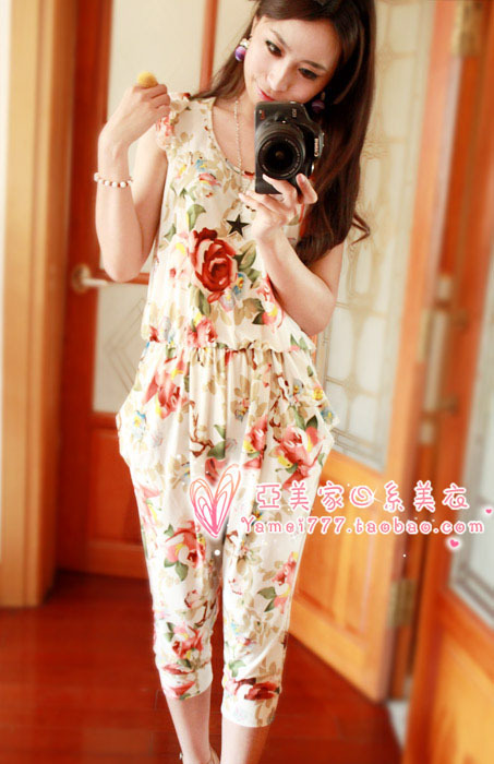 2012 summer  vintage flower harem pants elastic jumpsuits for women