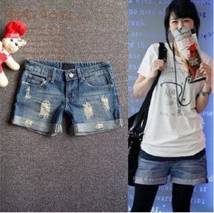 2012 summer wear old butt-lifting repair roll-up hem denim shorts women's plus size