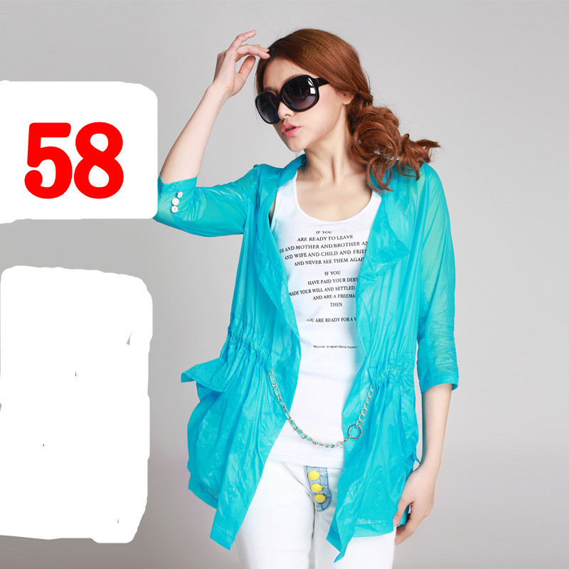 2012 summer women's candy color transparent long design ultra-thin sun protection clothing beach trench three quarter sleeve