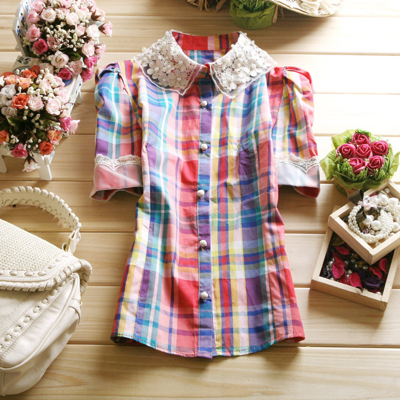 2012 summer women's casual short-sleeve puff sleeve plaid shirt turn-down collar lace beaded shirt